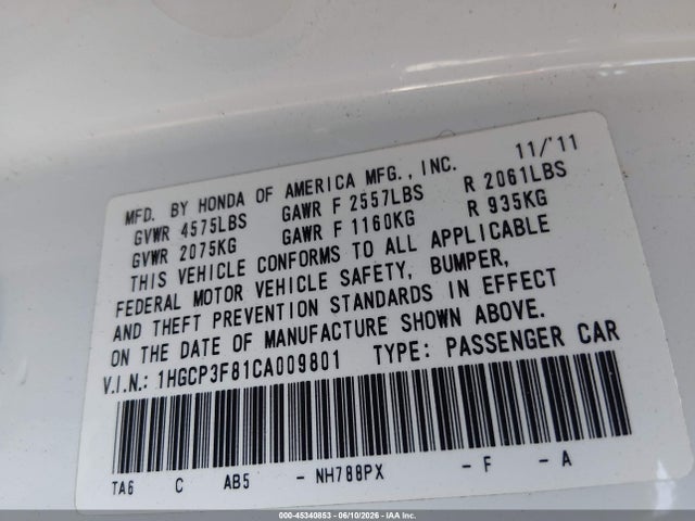 2012 Honda Accord 3.5 Ex-l მანქანა იყიდება აუქციონზე, vin: 1HGCP3F81CA009801, აუქციონის ნომერი: 45340853