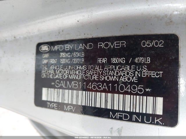 2003 Land Rover Range Rover Hse მანქანა იყიდება აუქციონზე, vin: SALMB11463A110495, აუქციონის ნომერი: 45340882