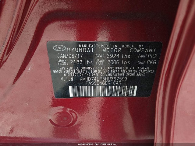 45340890 :رقم المزاد ، KMHD74LF5HU367593 vin ، 2017 Hyundai Elantra Se مزاد بيع