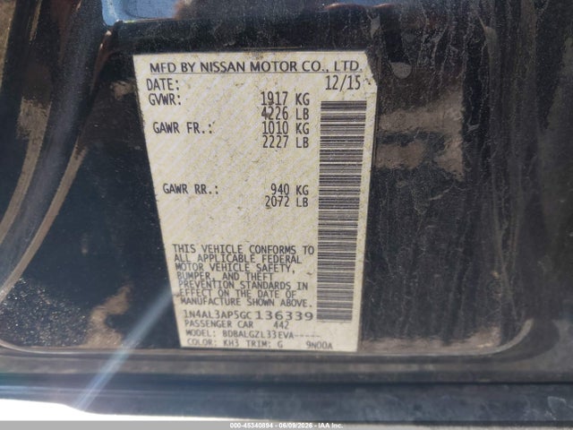 Продажа на аукционе авто 2016 Nissan Altima 2.5 S, vin: 1N4AL3AP5GC136339, номер лота: 45340894