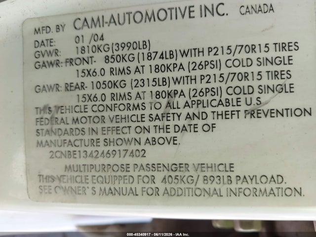 45340917 :رقم المزاد ، 2CNBE134246917402 vin ، 2004 Chevrolet Tracker مزاد بيع