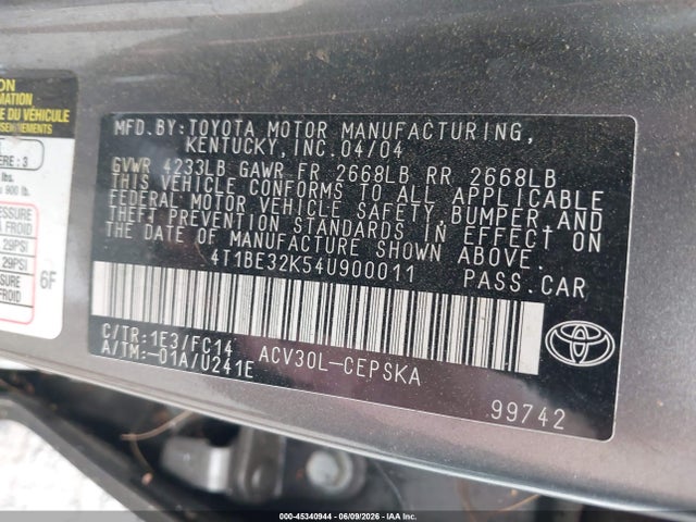 2004 Toyota Camry Se მანქანა იყიდება აუქციონზე, vin: 4T1BE32K54U900011, აუქციონის ნომერი: 45340944