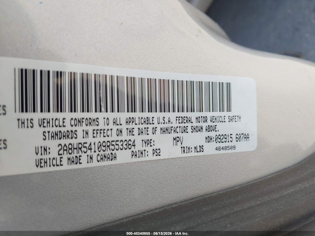 2009 Chrysler Town & Country Touring მანქანა იყიდება აუქციონზე, vin: 2A8HR54109R553364, აუქციონის ნომერი: 45340955