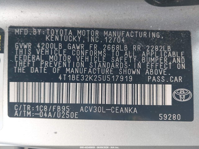 45340959 :رقم المزاد ، 4T1BE32K25U517919 vin ، 2005 Toyota Camry Le مزاد بيع