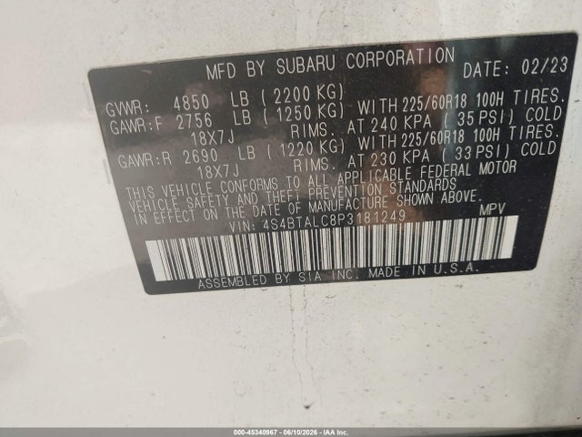 2023 Subaru Outback Onyx Edition მანქანა იყიდება აუქციონზე, vin: 4S4BTALC8P3181249, აუქციონის ნომერი: 45340967