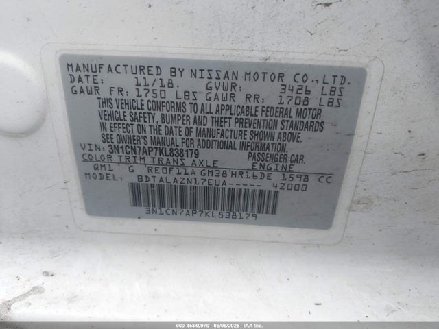 Nissan Versa 1.6 S+ 2019 3N1CN7AP7KL838179 Image 9