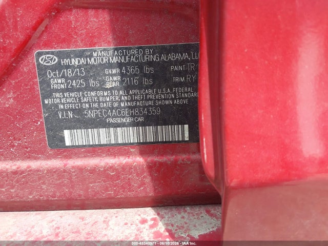 Продажа на аукционе авто 2014 Hyundai Sonata Se, vin: 5NPEC4AC6EH834359, номер лота: 45340971