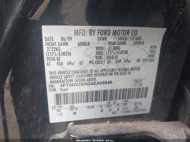 45340976 :رقم المزاد ، 1FTWW3BR0AEA09548 vin ، 2010 Ford Super Duty F-350 Srw Cabela's/cabelas/harley-davidson/king Ranch/lariat/xl/xlt مزاد بيع