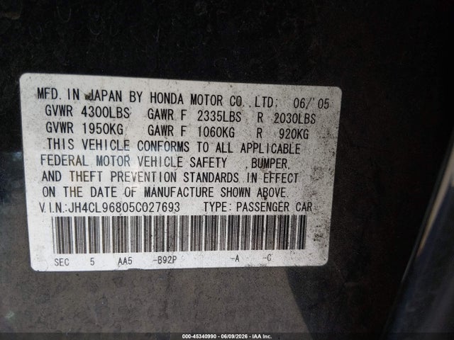 2005 Acura Tsx მანქანა იყიდება აუქციონზე, vin: JH4CL96805C027693, აუქციონის ნომერი: 45340990