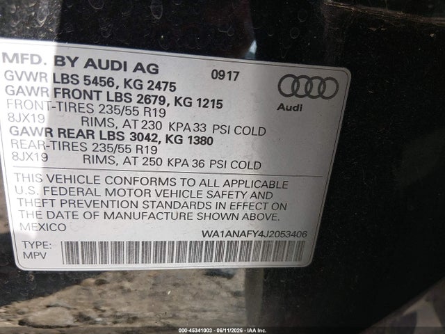 Продаж на аукціоні авто 2018 Audi Q5 2.0t Premium/2.0t Tech Premium, vin: WA1ANAFY4J2053406, номер лоту: 45341003
