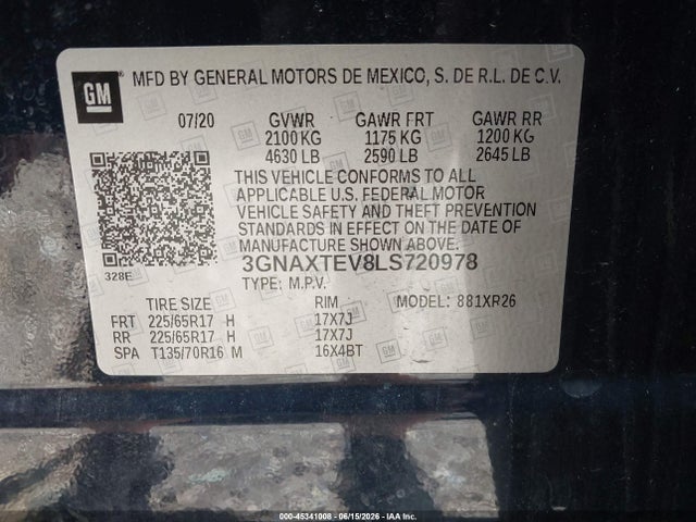 45341008 :رقم المزاد ، 3GNAXTEV8LS720978 vin ، 2020 Chevrolet Equinox Awd 2fl مزاد بيع