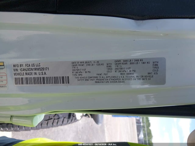 45341021 :رقم المزاد ، 1C4HJXDN1MW526171 vin ، 2021 Jeep Wrangler Unlimited Sport S 4x4 مزاد بيع