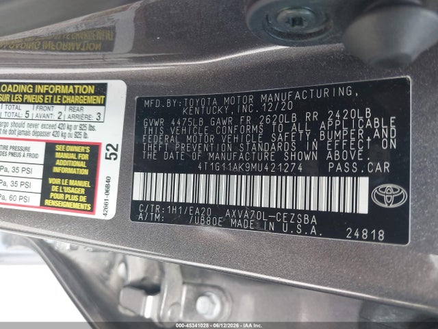 Aukcja sprzedaży 2021 Toyota Camry Se, vin: 4T1G11AK9MU421274, numer aukcji: 45341028