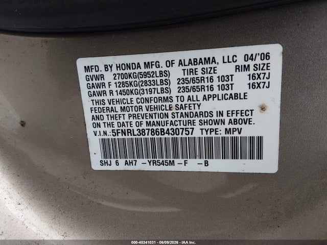 Продажа на аукционе авто 2006 Honda Odyssey Ex-l, vin: 5FNRL38786B430757, номер лота: 45341031