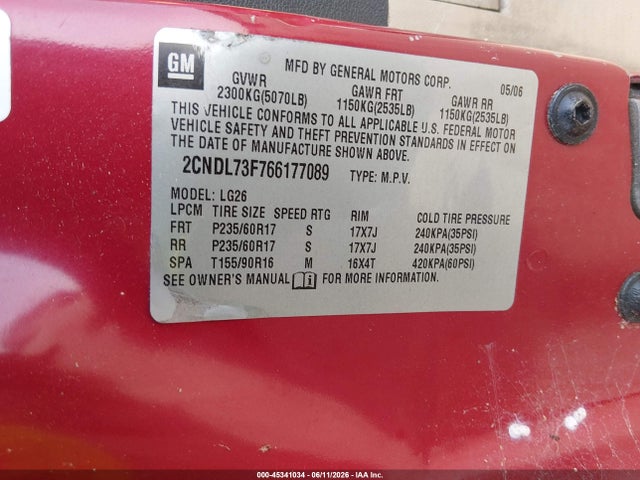 Продаж на аукціоні авто 2006 Chevrolet Equinox Lt, vin: 2CNDL73F766177089, номер лоту: 45341034