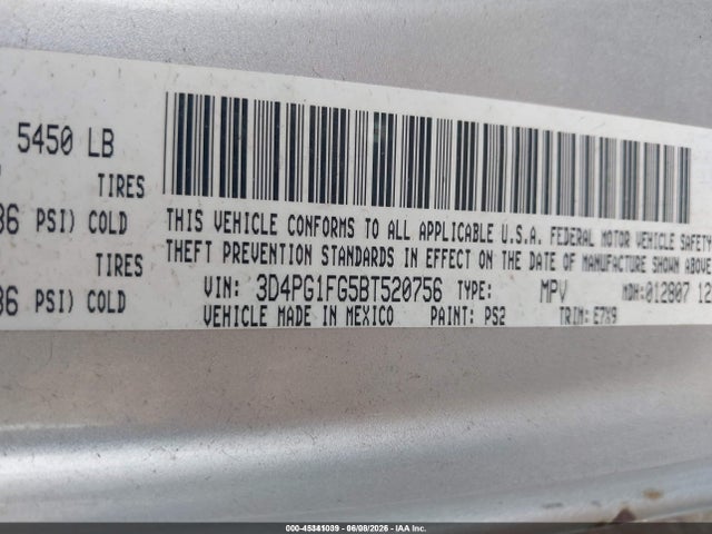 Продаж на аукціоні авто 2011 Dodge Journey Mainstreet, vin: 3D4PG1FG5BT520756, номер лоту: 45341039