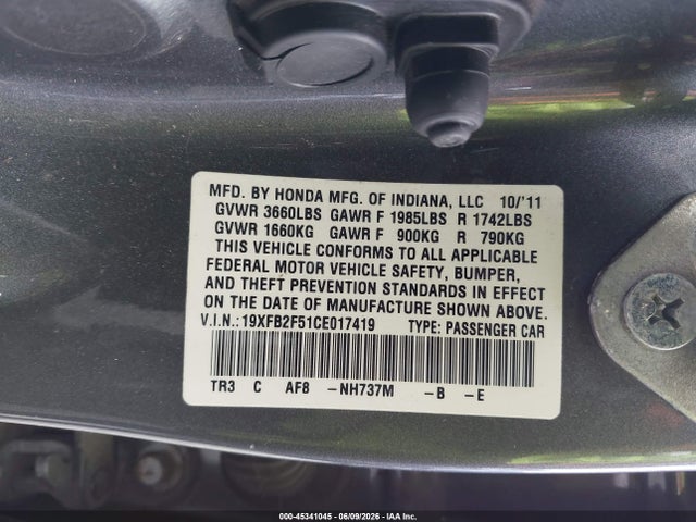 45341045 :رقم المزاد ، 19XFB2F51CE017419 vin ، 2012 Honda Civic Lx مزاد بيع
