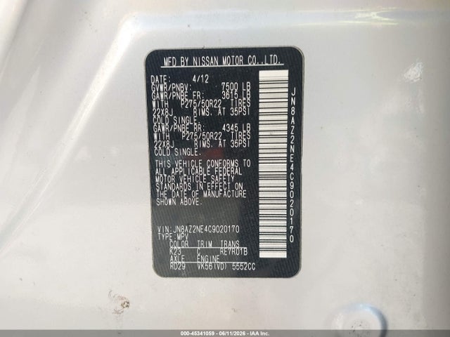 2012 Infiniti Qx56 მანქანა იყიდება აუქციონზე, vin: JN8AZ2NE4C9020170, აუქციონის ნომერი: 45341059