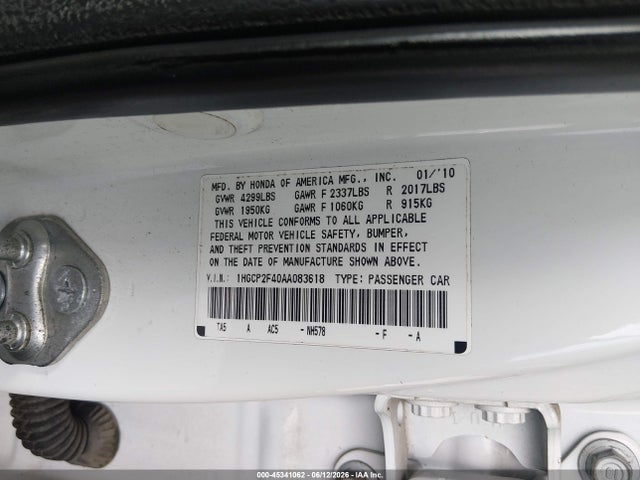 45341062 :رقم المزاد ، 1HGCP2F40AA083618 vin ، 2010 Honda Accord 2.4 Lx-p مزاد بيع