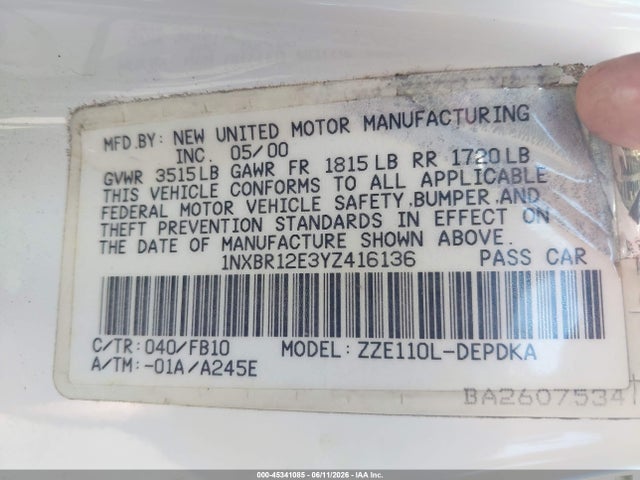 45341085 :رقم المزاد ، 1NXBR12E3YZ416136 vin ، 2000 Toyota Corolla Ce مزاد بيع