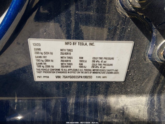 Продаж на аукціоні авто 2023 Tesla Model Y Awd/long Range Dual Motor All-wheel Drive, vin: 7SAYGDEE5PA199293, номер лоту: 45341090