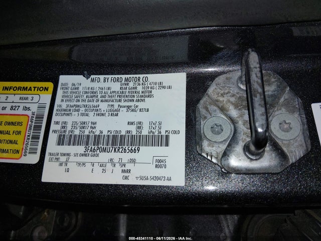 Ford Fusion Hybrid Sel 2019 3FA6P0MU7KR265669 Image 9