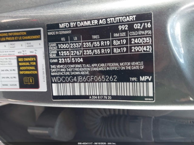 45341117 :رقم المزاد ، WDC0G4JB6GF065262 vin ، 2016 Mercedes-benz Glc 300 مزاد بيع