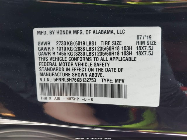 Honda Odyssey Ex-l 2019 5FNRL6H76KB132753 Image 9