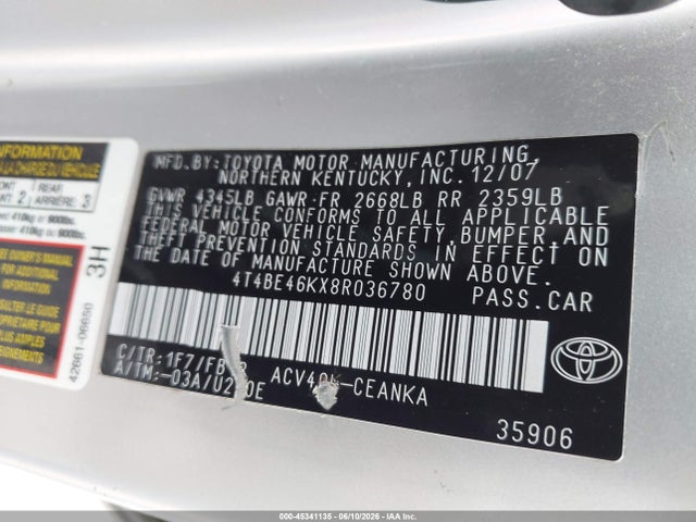 45341135 :رقم المزاد ، 4T4BE46KX8R036780 vin ، 2008 Toyota Camry Le مزاد بيع