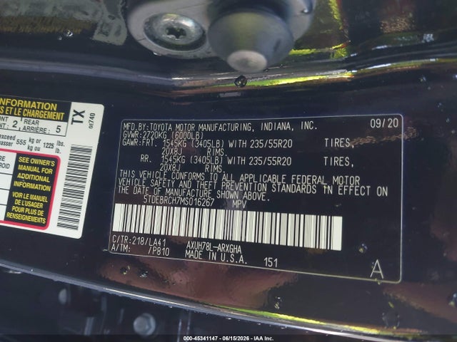 45341147 :رقم المزاد ، 5TDEBRCH7MS016267 vin ، 2021 Toyota Highlander Hybrid Platinum مزاد بيع