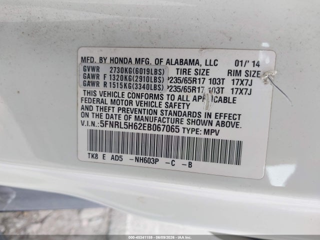Honda Odyssey Ex-l 2014 5FNRL5H62EB067065 Image 9