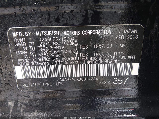 45341160 :رقم المزاد ، JA4AP3AUXJU014284 vin ، 2018 Mitsubishi Outlander Sport 2.0 Le مزاد بيع