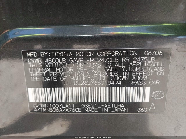 Продажа на аукционе авто 2006 Lexus Is 350, vin: JTHBE262X65010494, номер лота: 45341178