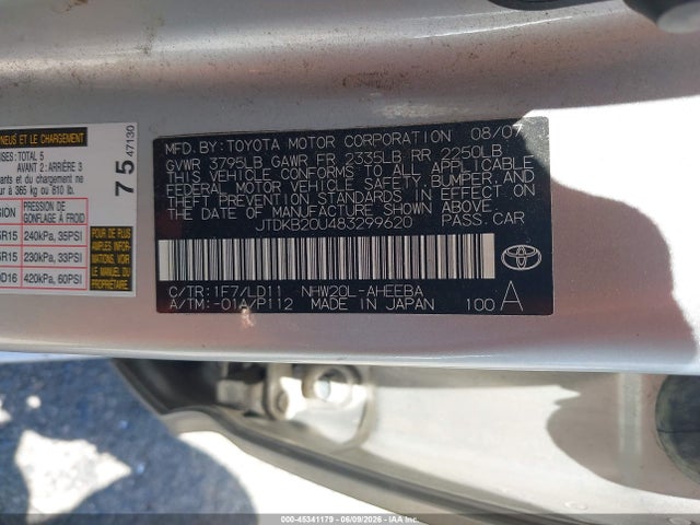 Продажа на аукционе авто 2008 Toyota Prius, vin: JTDKB20U483299620, номер лота: 45341179