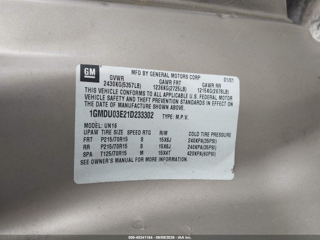 2001 Pontiac Montana N16 W/1sa Pkg. მანქანა იყიდება აუქციონზე, vin: 1GMDU03E21D233302, აუქციონის ნომერი: 45341184