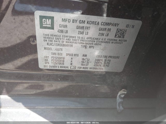 Aukcja sprzedaży 2016 Buick Encore Sport Touring, vin: KL4CJ1SM3GB649199, numer aukcji: 45341195