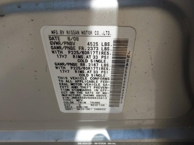 45341201 :رقم المزاد ، JN8AS58V49W433413 vin ، 2009 Nissan Rogue Sl مزاد بيع