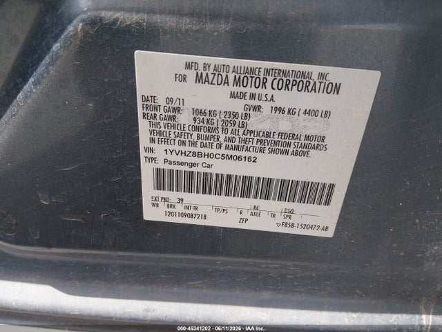 2012 Mazda Mazda6 I Sport მანქანა იყიდება აუქციონზე, vin: 1YVHZ8BH0C5M06162, აუქციონის ნომერი: 45341202