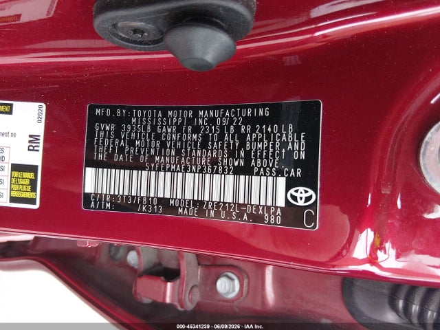 45341239 :رقم المزاد ، 5YFEPMAE3NP367832 vin ، 2022 Toyota Corolla Le مزاد بيع