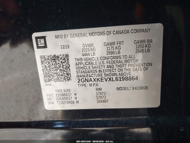 45341249 :رقم المزاد ، 2GNAXKEVXL6198864 vin ، 2020 Chevrolet Equinox Fwd Lt 1.5l Turbo مزاد بيع