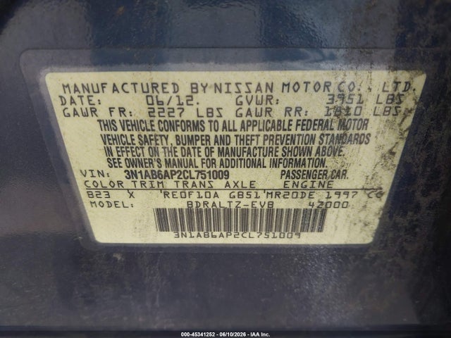 2012 Nissan Sentra 2.0 S მანქანა იყიდება აუქციონზე, vin: 3N1AB6AP2CL751009, აუქციონის ნომერი: 45341252