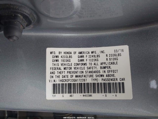 2016 Honda Accord Lx მანქანა იყიდება აუქციონზე, vin: 1HGCR2F33GA172397, აუქციონის ნომერი: 45341275