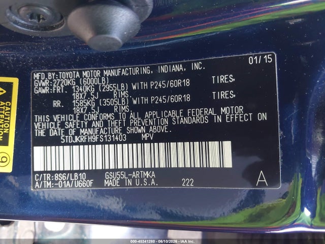 45341280 :رقم المزاد ، 5TDJKRFH9FS131403 vin ، 2015 Toyota Highlander Xle V6 مزاد بيع