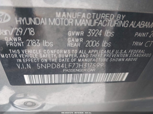 5NPD84LF7JH317599 Hyundai Elantra Value Edition