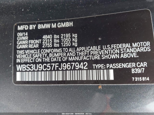 45341289 :رقم المزاد ، WBS3U9C57FJ967942 vin ، 2015 Bmw M4 مزاد بيع