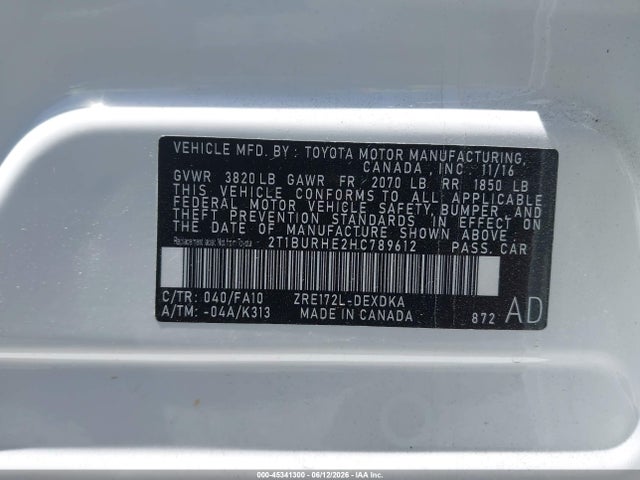 2T1BURHE2HC789612 Toyota COROLLA L