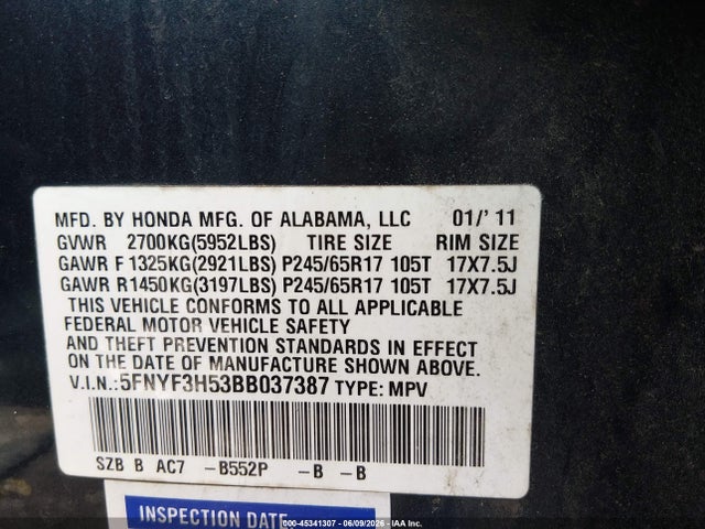 Продажа на аукционе авто 2011 Honda Pilot Ex-l, vin: 5FNYF3H53BB037387, номер лота: 45341307
