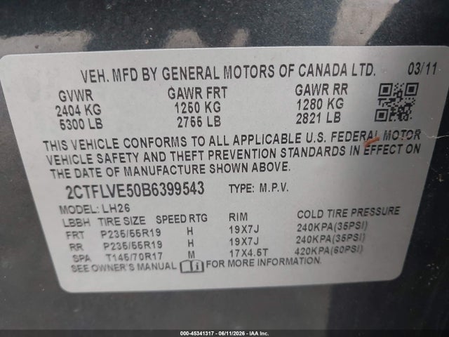 45341317 :رقم المزاد ، 2CTFLVE50B6399543 vin ، 2011 Gmc Terrain Slt-1 مزاد بيع
