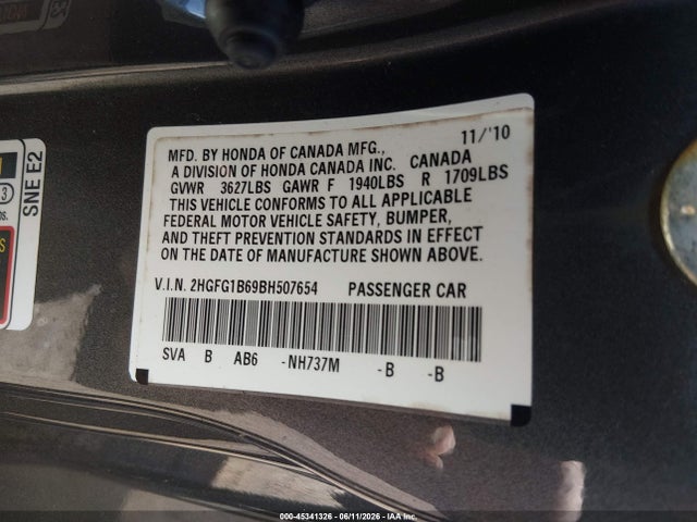 Aukcja sprzedaży 2011 Honda Civic Lx, vin: 2HGFG1B69BH507654, numer aukcji: 45341326