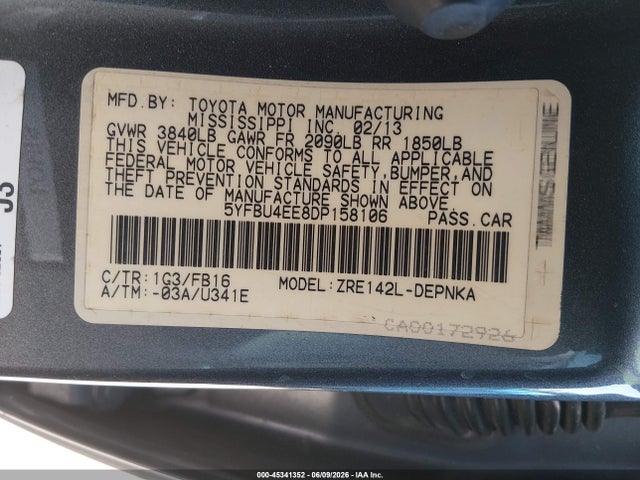 2013 Toyota Corolla Le მანქანა იყიდება აუქციონზე, vin: 5YFBU4EE8DP158106, აუქციონის ნომერი: 45341352